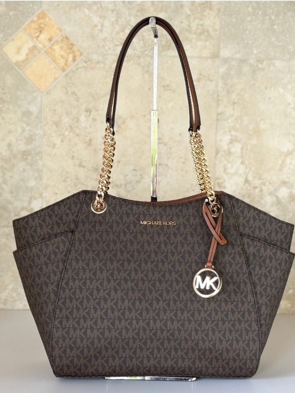 Michael Kors Brown MK Logo Tote Bag with Gold Chain Straps